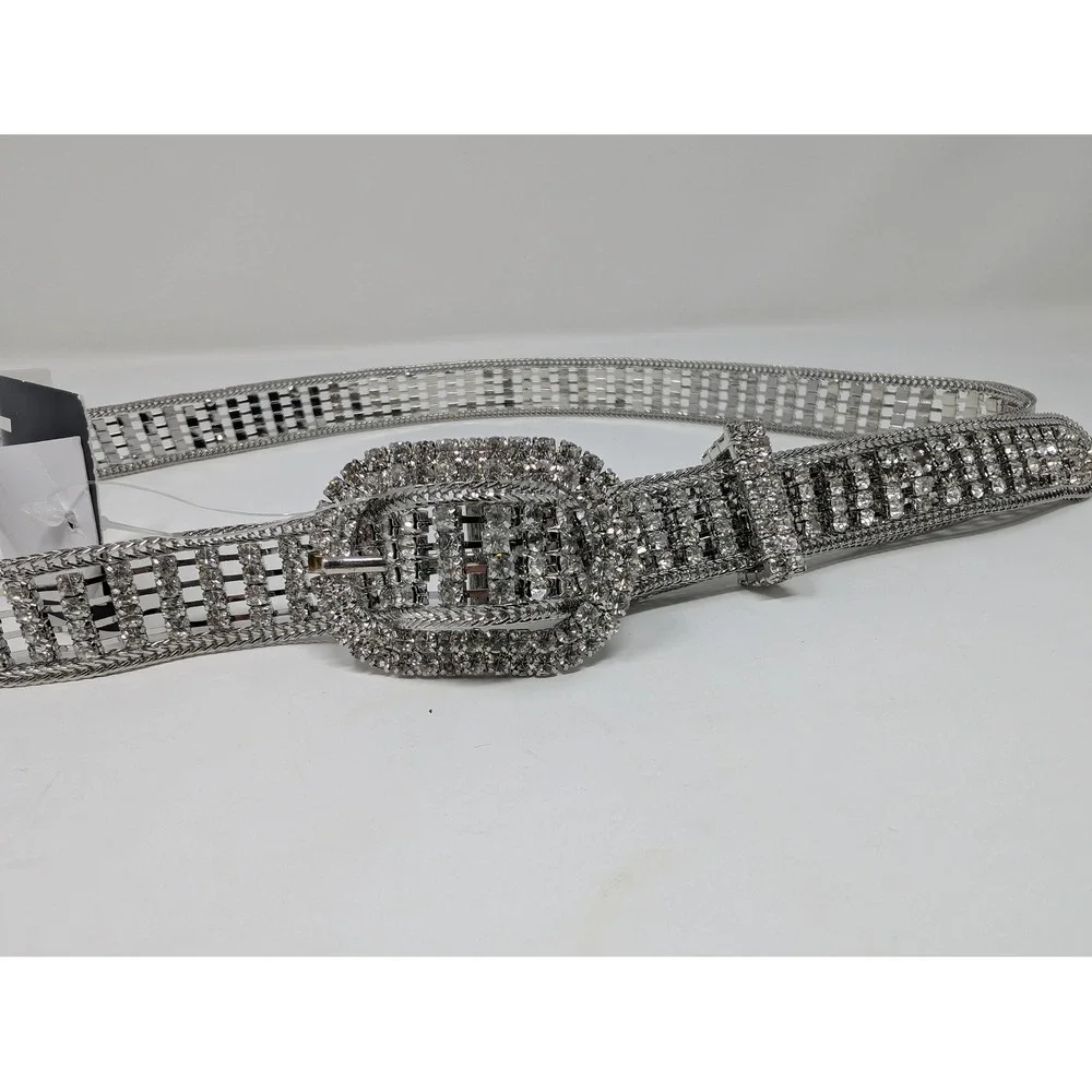 INC International Concepts Silver Rhinestone Chain Belt Size‎ S Y2K McBling 90s